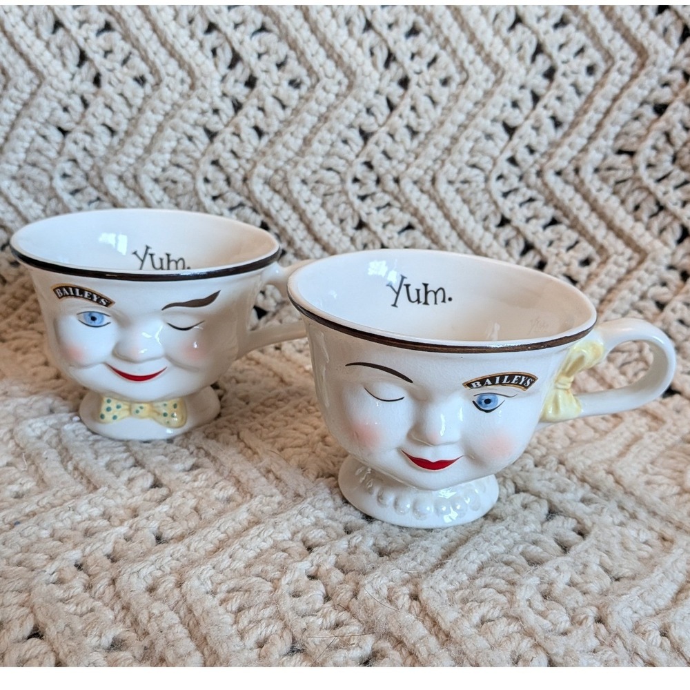 Baileys Irish Cream Winking Face Coffee Mugs Set of 2 Yum Vintage Ceramic Cups